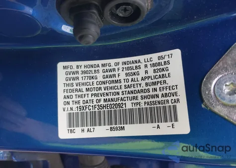 2017 Honda Civic Ex-T из США, поврежденный, VIN 19XFC1F35HE020921